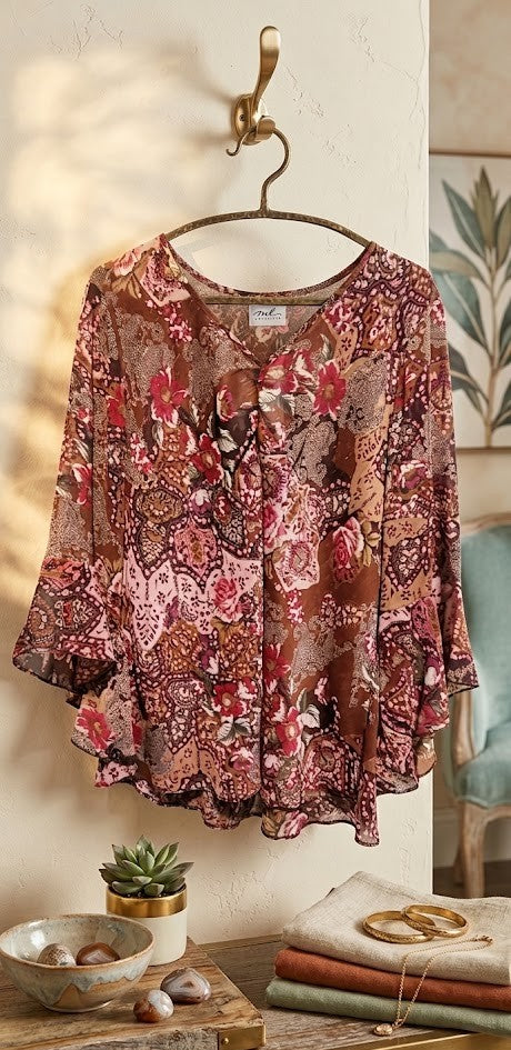 Romantic Paisley Flutter-Sleeve Blouse – Earthy Tones (Size 42)
