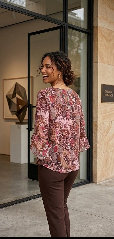 Romantic Paisley Flutter-Sleeve Blouse – Earthy Tones (Size 42)