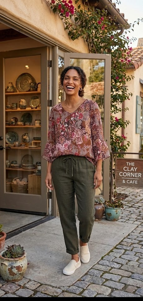 Romantic Paisley Flutter-Sleeve Blouse – Earthy Tones (Size 42)