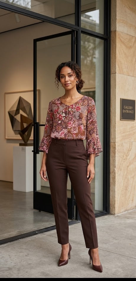 Romantic Paisley Flutter-Sleeve Blouse – Earthy Tones (Size 42)