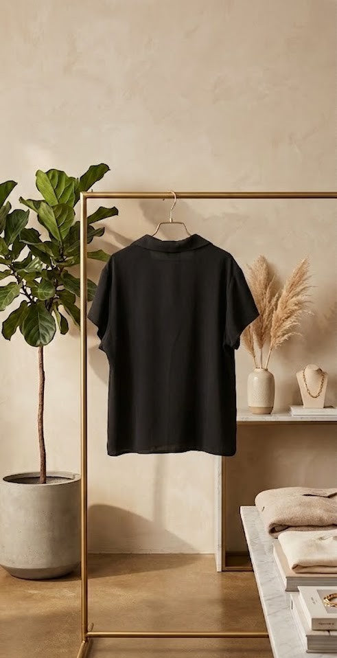 Classic Black V-Neck Short Sleeve Blouse - Size 48