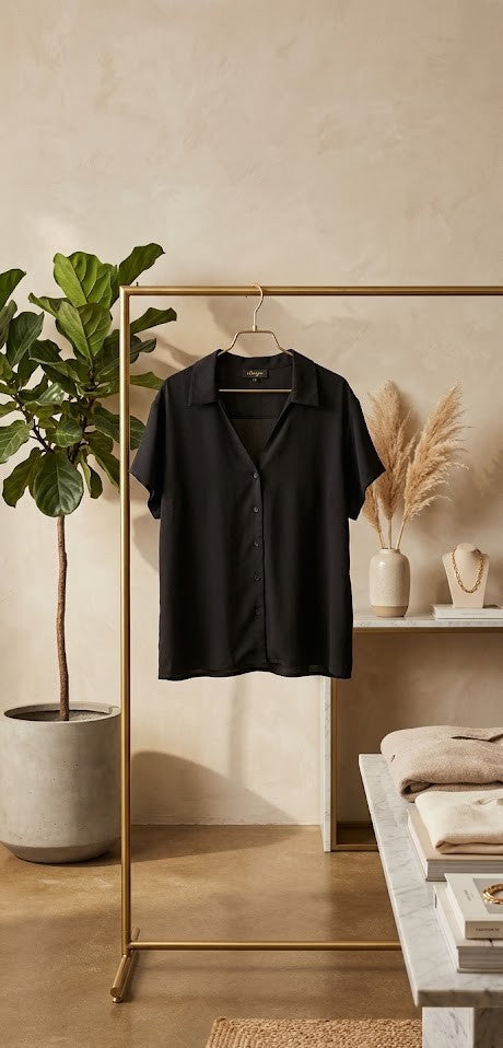 Classic Black V-Neck Short Sleeve Blouse - Size 48