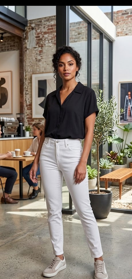 Classic Black V-Neck Short Sleeve Blouse - Size 48