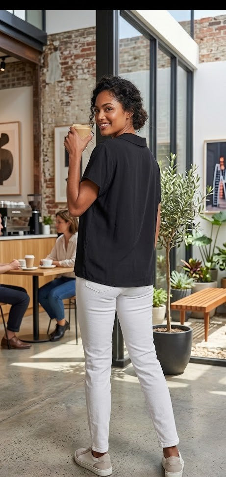 Classic Black V-Neck Short Sleeve Blouse - Size 48