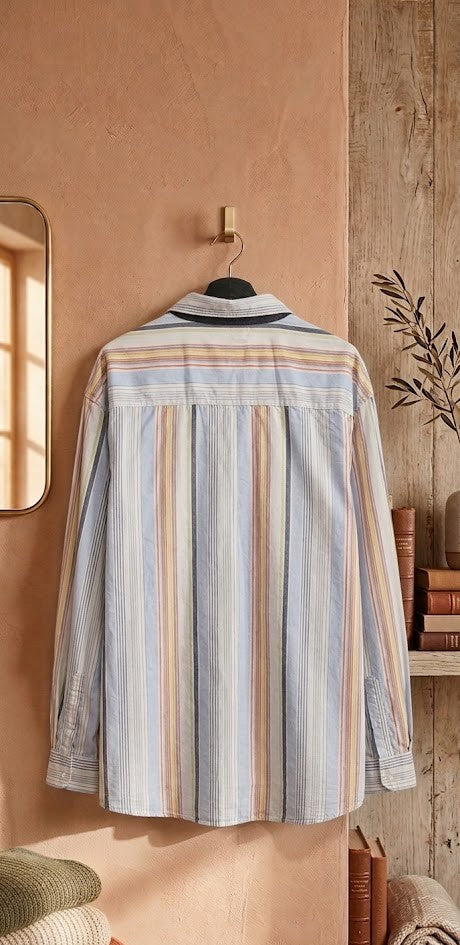 Vintage-Vibe Multi-Stripe Cotton Button-Down – Size 3XL