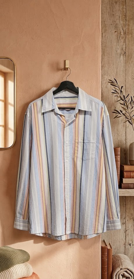 Vintage-Vibe Multi-Stripe Cotton Button-Down – Size 3XL
