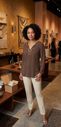 Elegant Embroidered V-Neck Tunic Blouse – Rich Cocoa
