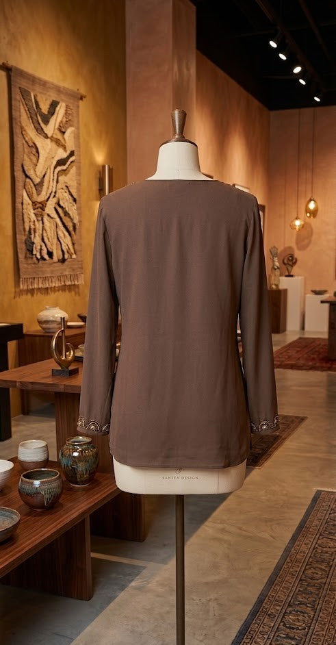 Elegant Embroidered V-Neck Tunic Blouse – Rich Cocoa