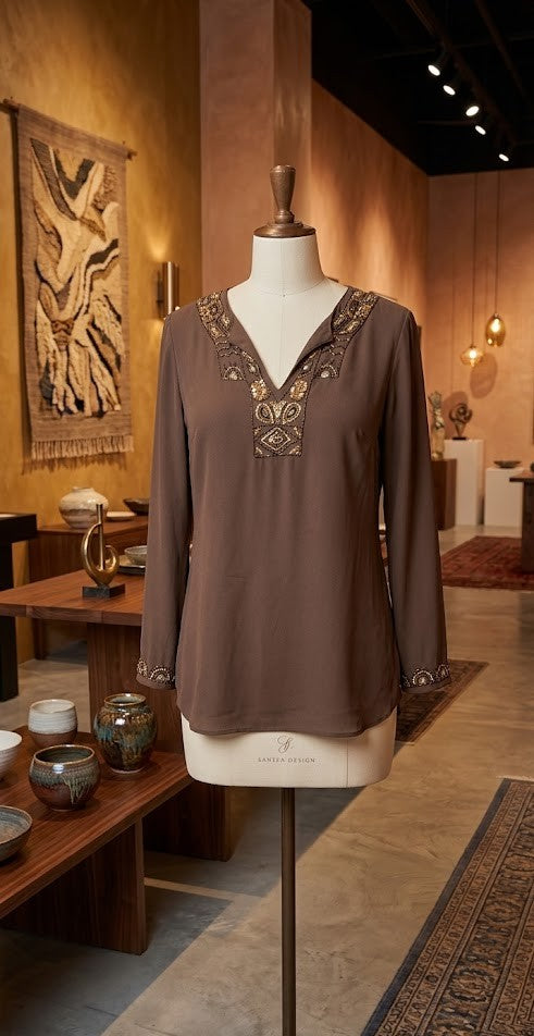 Elegant Embroidered V-Neck Tunic Blouse – Rich Cocoa
