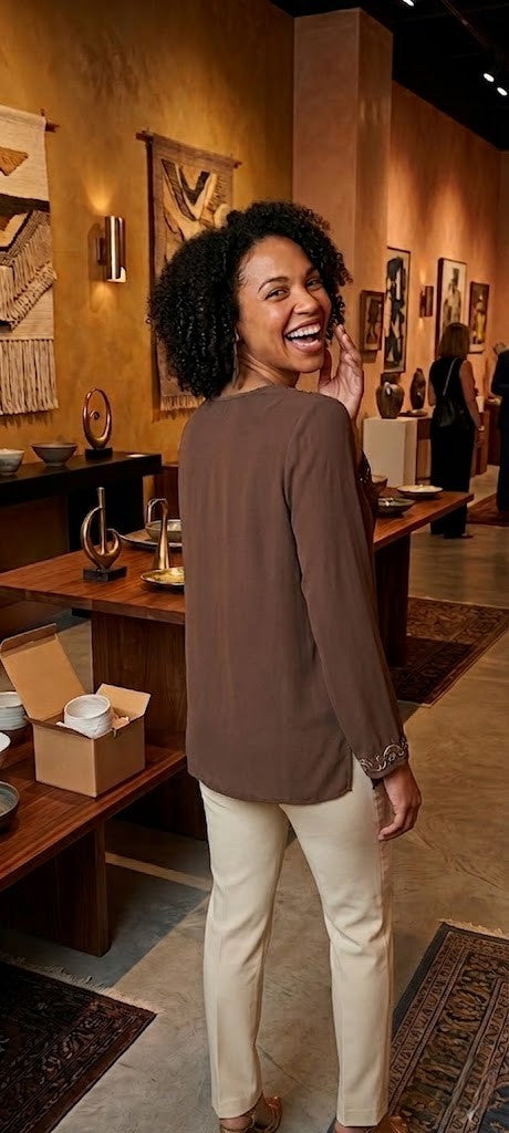 Elegant Embroidered V-Neck Tunic Blouse – Rich Cocoa