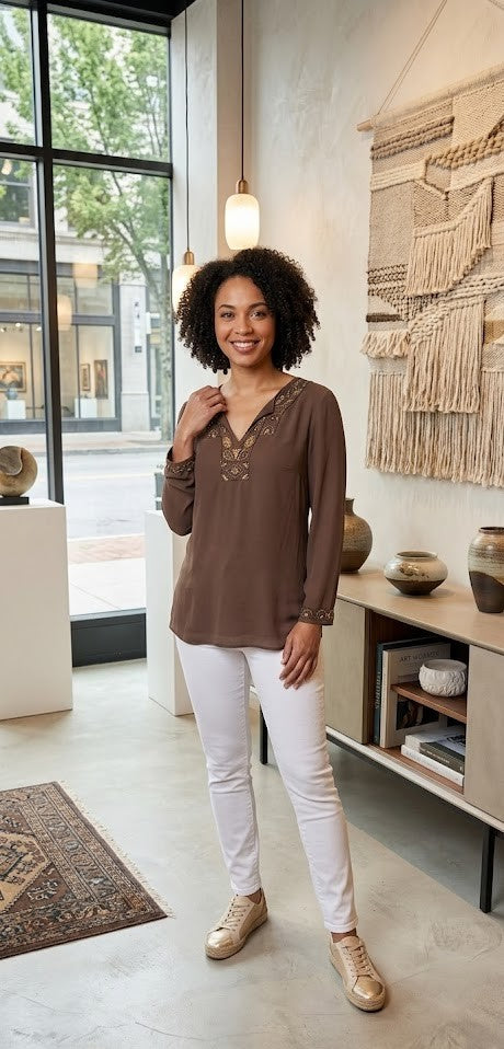Elegant Embroidered V-Neck Tunic Blouse – Rich Cocoa