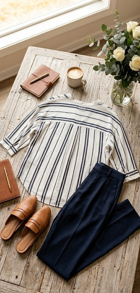 Modern Stripe Split-Neck Blouse – Navy & White (Size XXL)