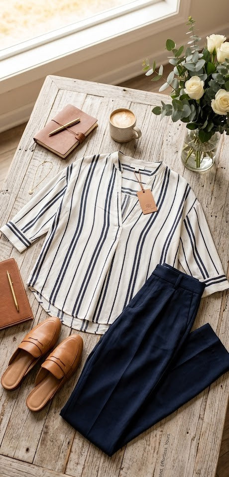 Modern Stripe Split-Neck Blouse – Navy & White (Size XXL)