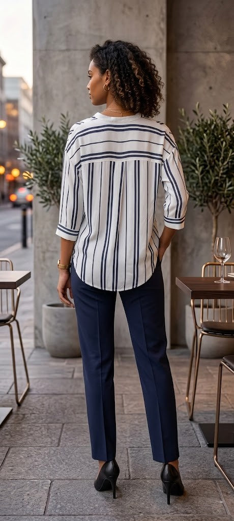 Modern Stripe Split-Neck Blouse – Navy & White (Size XXL)