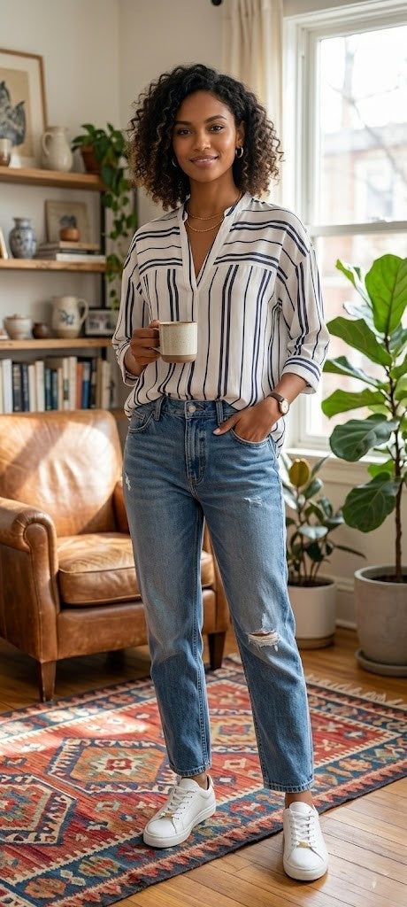 Modern Stripe Split-Neck Blouse – Navy & White (Size XXL)
