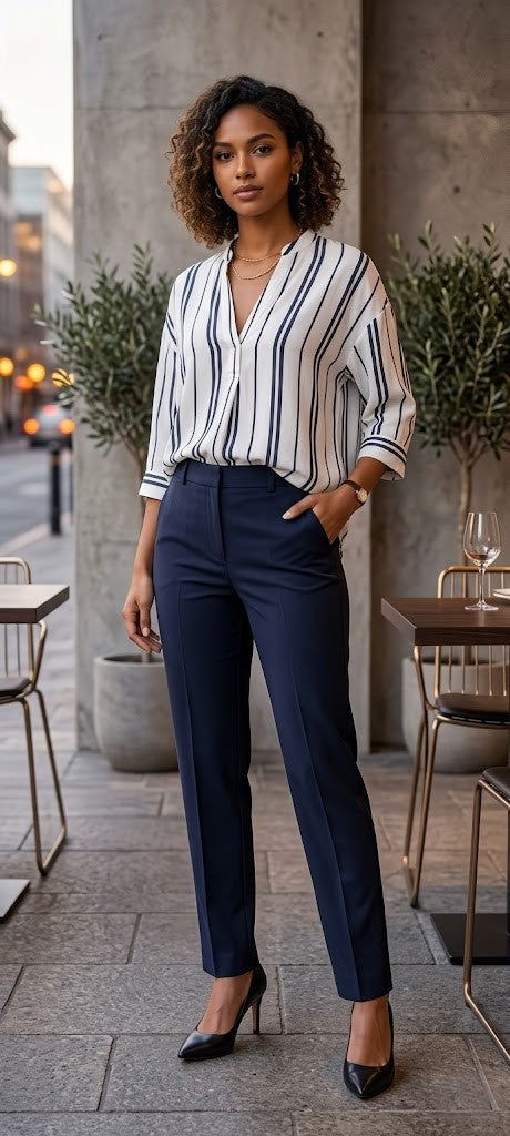 Modern Stripe Split-Neck Blouse – Navy & White (Size XXL)