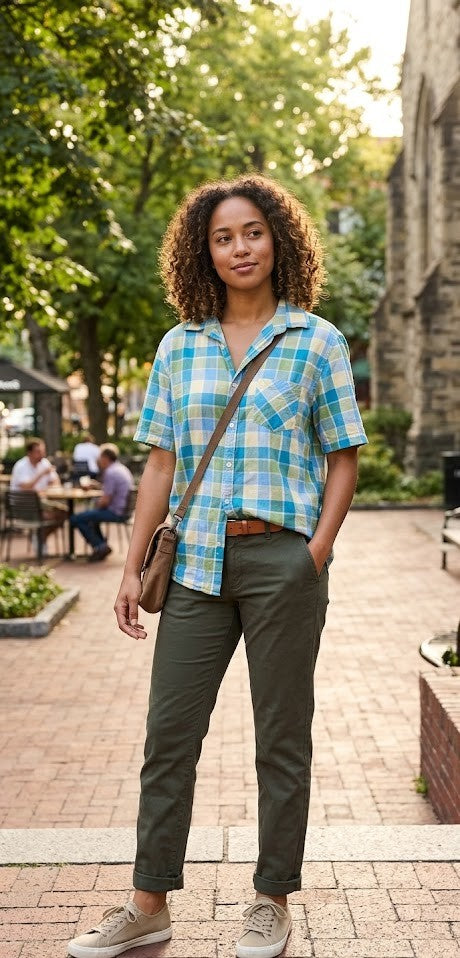 Vintage Summer Vibes Plaid Short-Sleeve Cotton Blouse