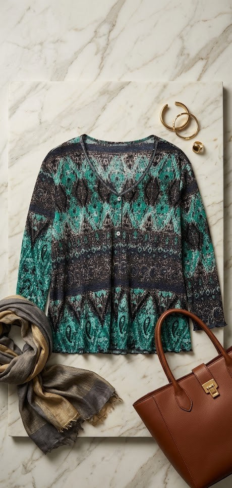 Milady's Elegant Geometric & Paisley Print V-Neck Top | XXL