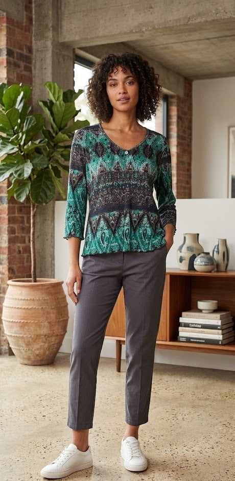 Milady's Elegant Geometric & Paisley Print V-Neck Top | XXL