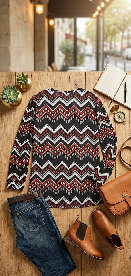 Fashion Express Zig-Zag V-Neck Blouse | Size 20