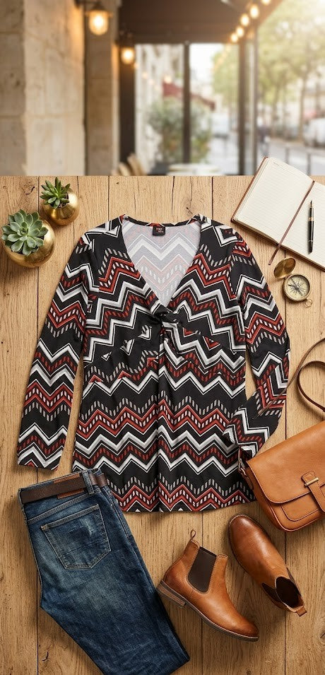 Fashion Express Zig-Zag V-Neck Blouse | Size 20