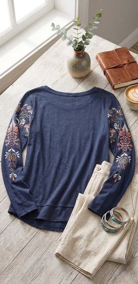 Boho-Chic Embroidered Navy Long Sleeve Blouse