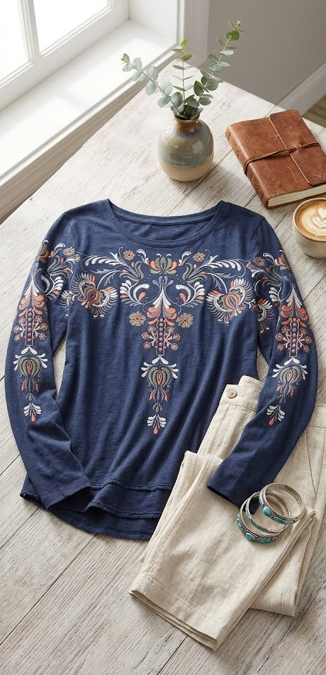 Boho-Chic Embroidered Navy Long Sleeve Blouse