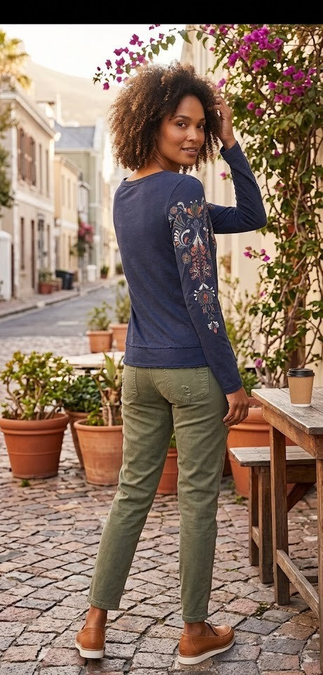 Boho-Chic Embroidered Navy Long Sleeve Blouse