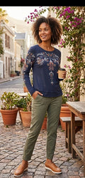 Boho-Chic Embroidered Navy Long Sleeve Blouse
