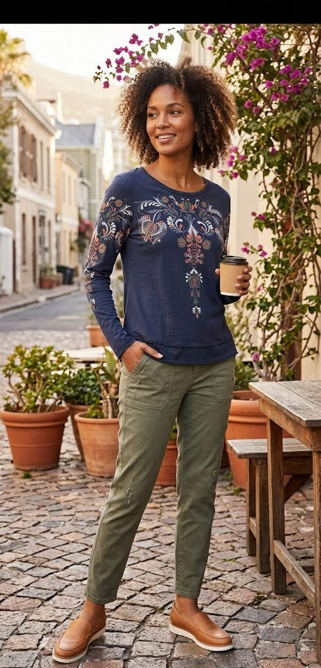 Boho-Chic Embroidered Navy Long Sleeve Blouse