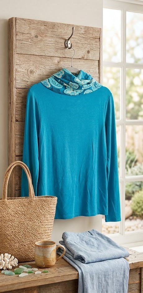 Vibrant Teal Floral Cowl Neck Blouse - Size Large