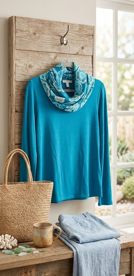 Vibrant Teal Floral Cowl Neck Blouse - Size Large