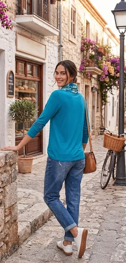 Vibrant Teal Floral Cowl Neck Blouse - Size Large
