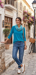 Vibrant Teal Floral Cowl Neck Blouse - Size Large