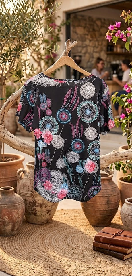 Boho Dreamscape Patterned Short Sleeve Blouse