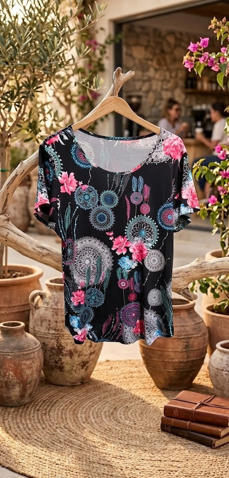 Boho Dreamscape Patterned Short Sleeve Blouse