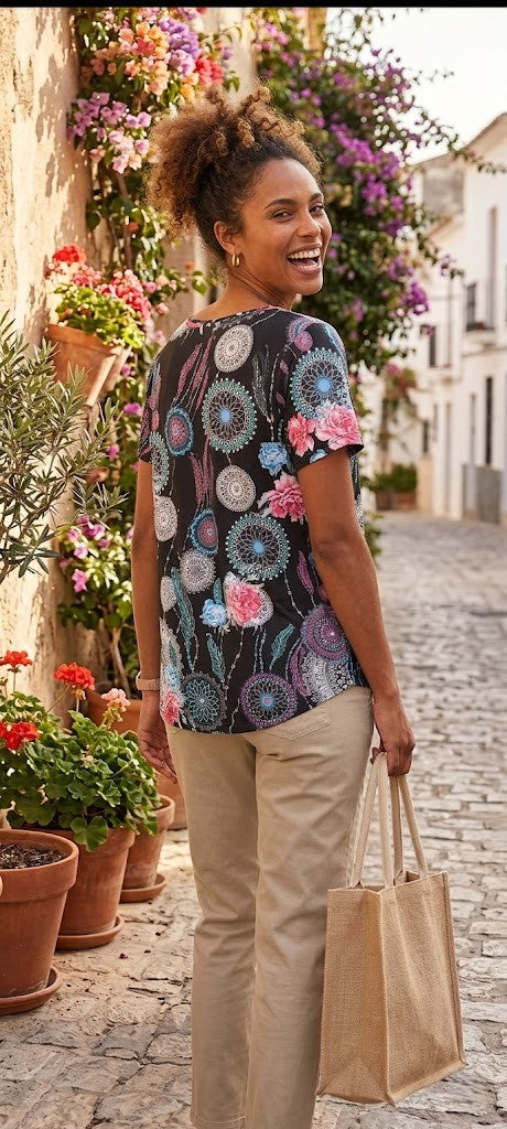 Boho Dreamscape Patterned Short Sleeve Blouse