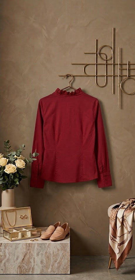 Elegance in Crimson: Ruffled V-Neck Cotton Blouse - Size XL