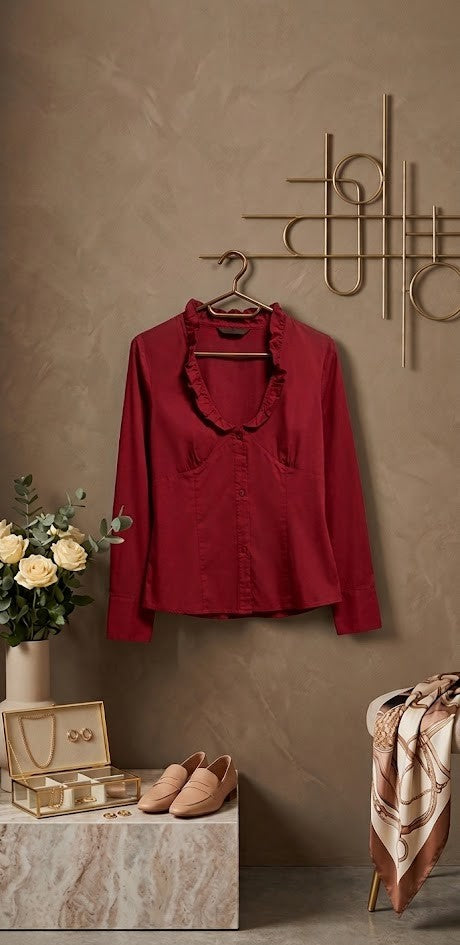 Elegance in Crimson: Ruffled V-Neck Cotton Blouse - Size XL