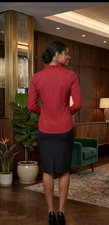 Elegance in Crimson: Ruffled V-Neck Cotton Blouse - Size XL
