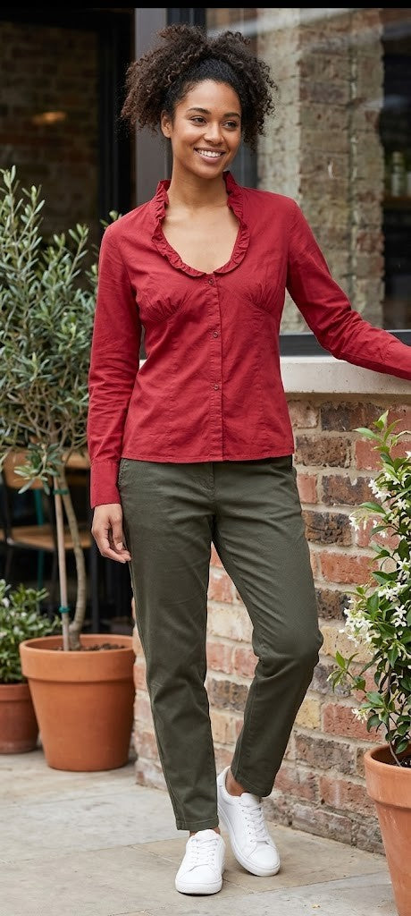 Elegance in Crimson: Ruffled V-Neck Cotton Blouse - Size XL