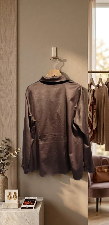 Donna Claire Luxe Satin Button-Down – Chocolate Brown (Size 18)