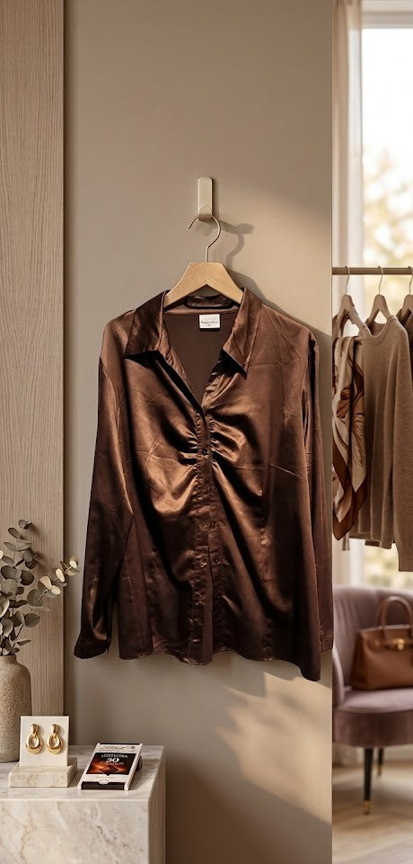 Donna Claire Luxe Satin Button-Down – Chocolate Brown (Size 18)