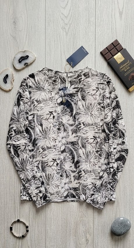 Vintage Floral Mesh Long Sleeve Blouse - Monochrome Elegance