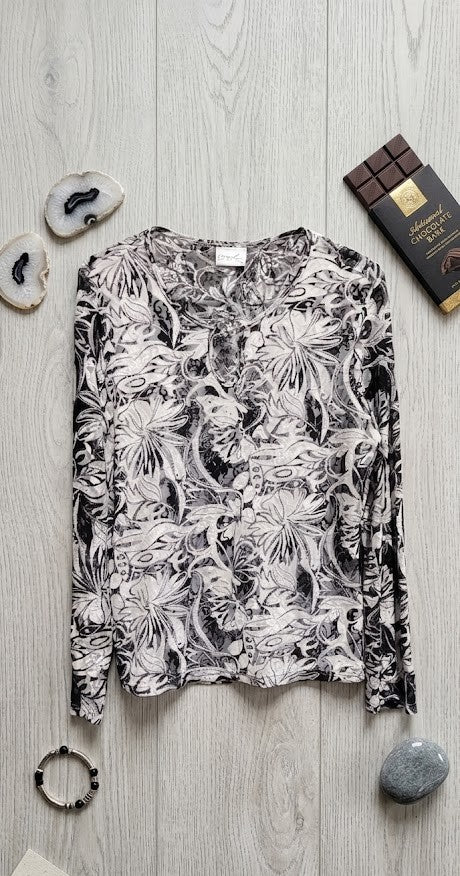 Vintage Floral Mesh Long Sleeve Blouse - Monochrome Elegance