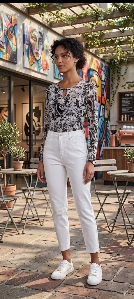 Vintage Floral Mesh Long Sleeve Blouse - Monochrome Elegance