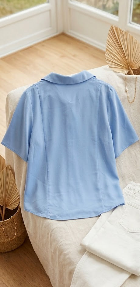 Woolworths Light Blue Short-Sleeve Button-Down Blouse - Size 18