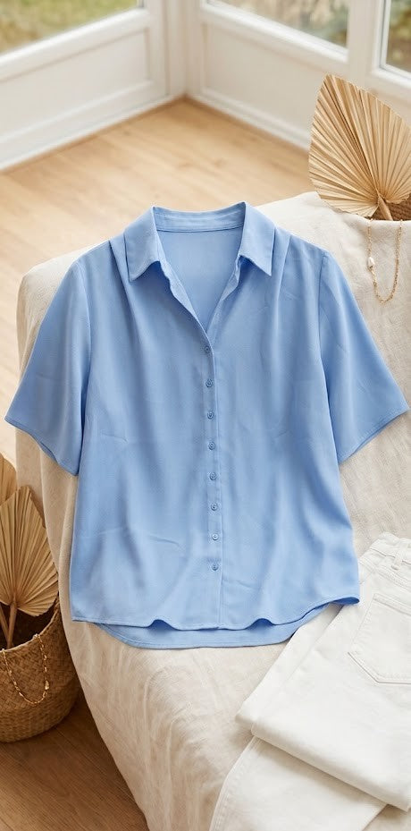 Woolworths Light Blue Short-Sleeve Button-Down Blouse - Size 18