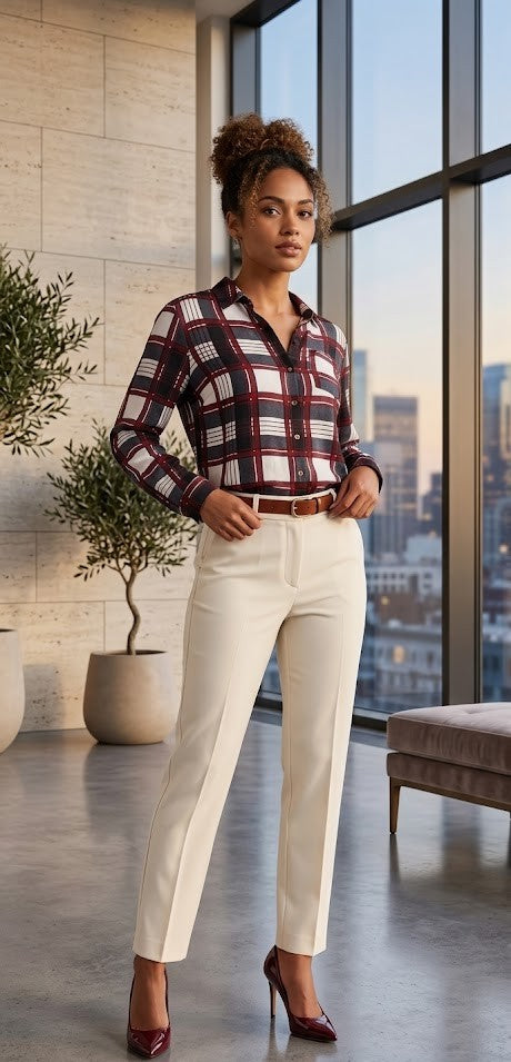 Donatella Classic Plaid Button-Down Blouse | Size 26
