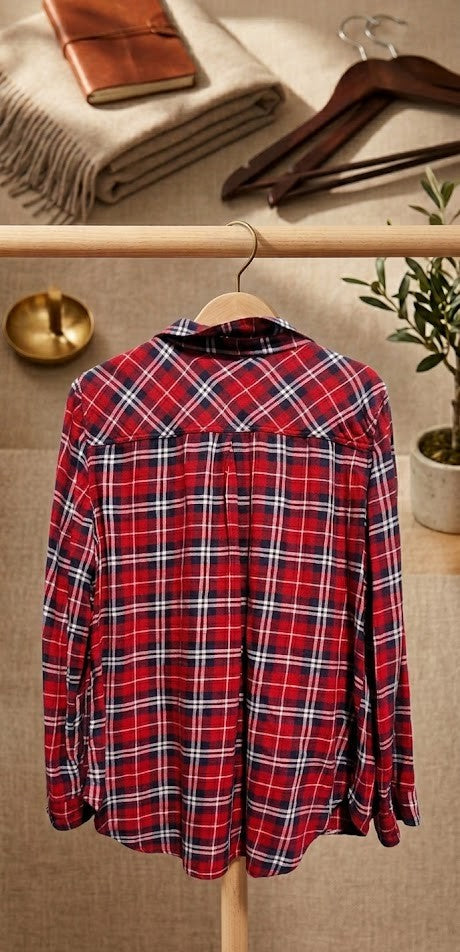 Classic Red & Navy Plaid Flannel Shirt – 100% Cotton – Size 40